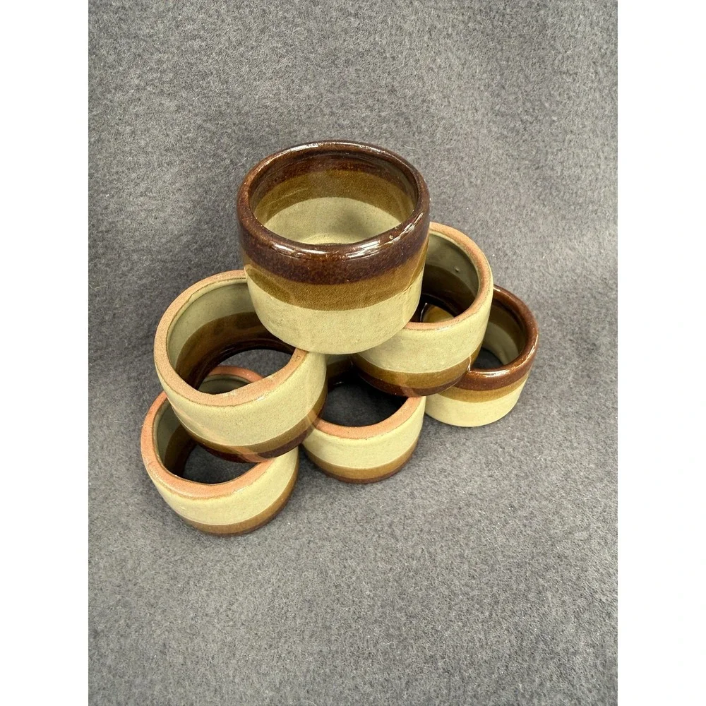 Stoneware Ceramic Striped Napkin Rings Set Of 6 Brown Rustic Table Decor
